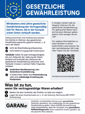 EU-Hinweis: mindestens zwei Jahre gesetzliche Gewährleistung für Waren